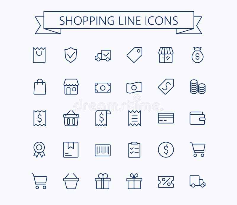 Shopping and E-commerce vector mini icons set. Thin line outline 24x24 Grid. Pixel Perfect royalty free illustration