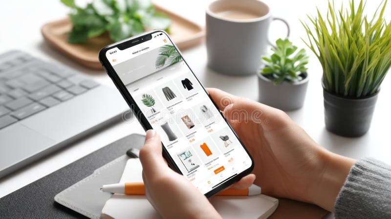 Shopping for Fashion Online Using Smartphone in Minimalistic Workspace With Plants royalty free stock photos