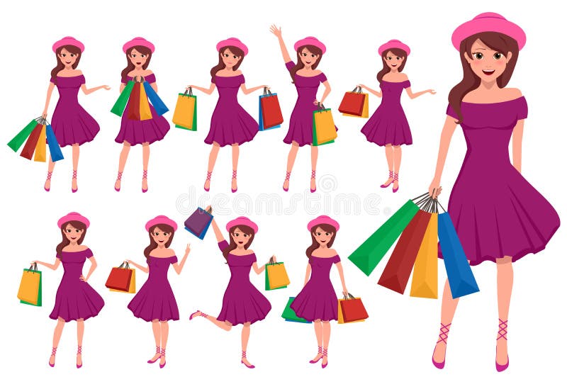 Shopping Girl Vector Character Set. Female Cartoon Characters Stock Vector  - Illustration of beautiful, flat: 130246084