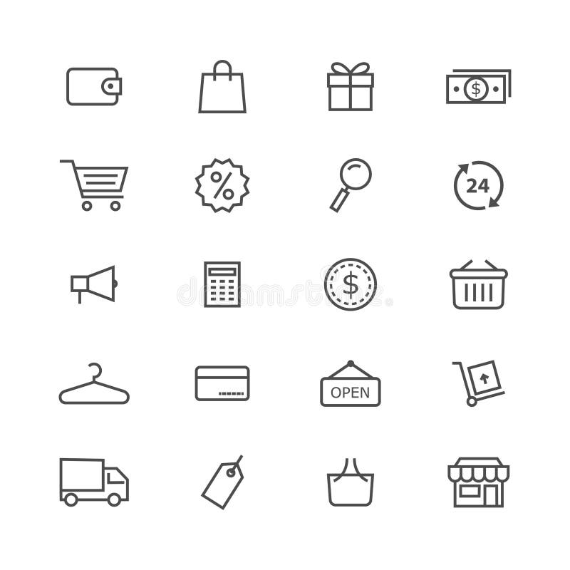 Shopping icons stock vector set black stroke on white background royalty free illustration Shopping icons stock vector set black stroke on white background royalty free illustration