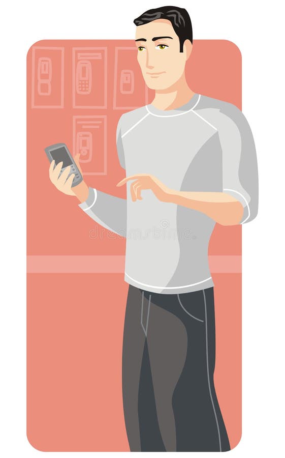 Vector illustration of a shopping man in a mobile phone store. Tech store illustrations
