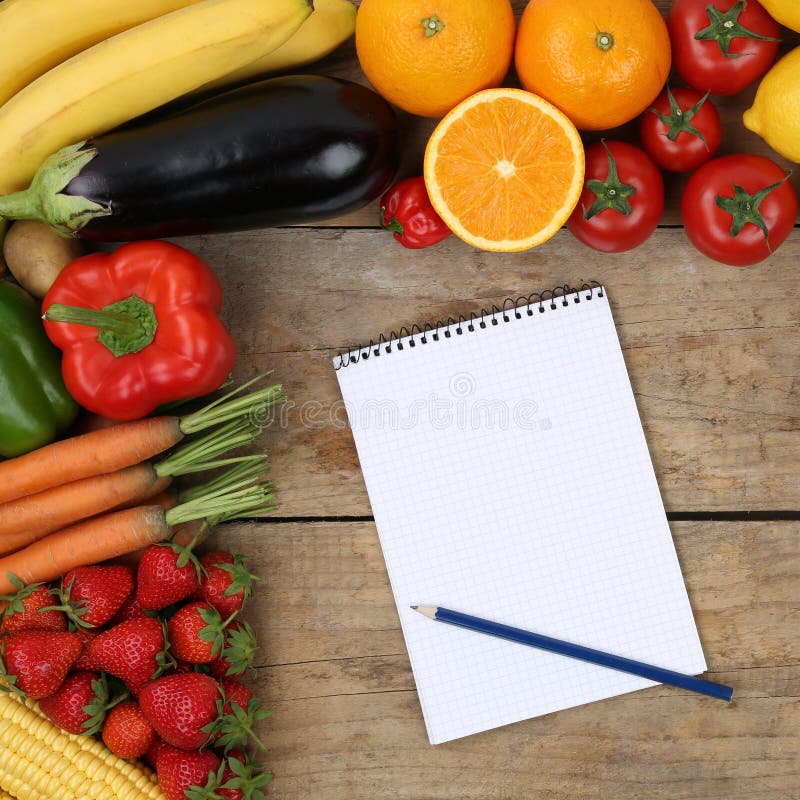 Shopping list with fruits and vegetables like oranges, apples and tomatoes on a wooden board. Shopping list with fruits and vegetables like oranges, apples and tomatoes on a wooden board