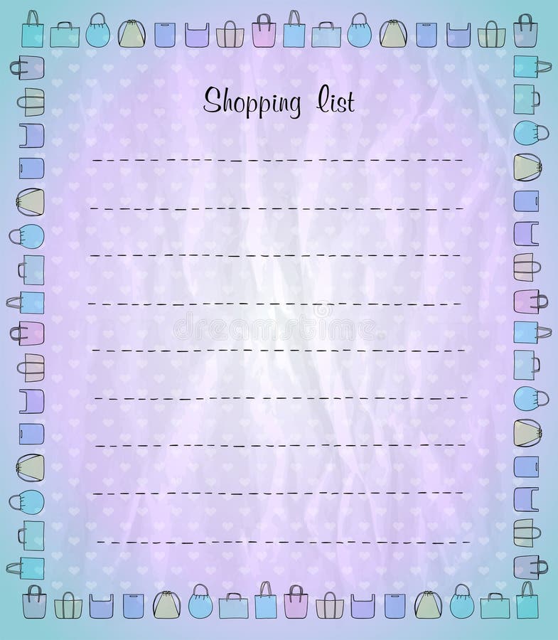 Shopping list vector blank mockup with shopper bags symbols frame royalty free illustration