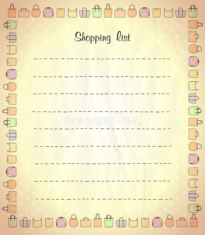 Shopping list vector blank with shopper bags symbols frame and empty place for text vector illustration