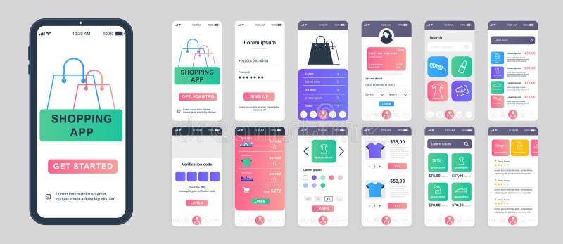 Shopping mobile app screens set for web templates. Vector design royalty free illustration