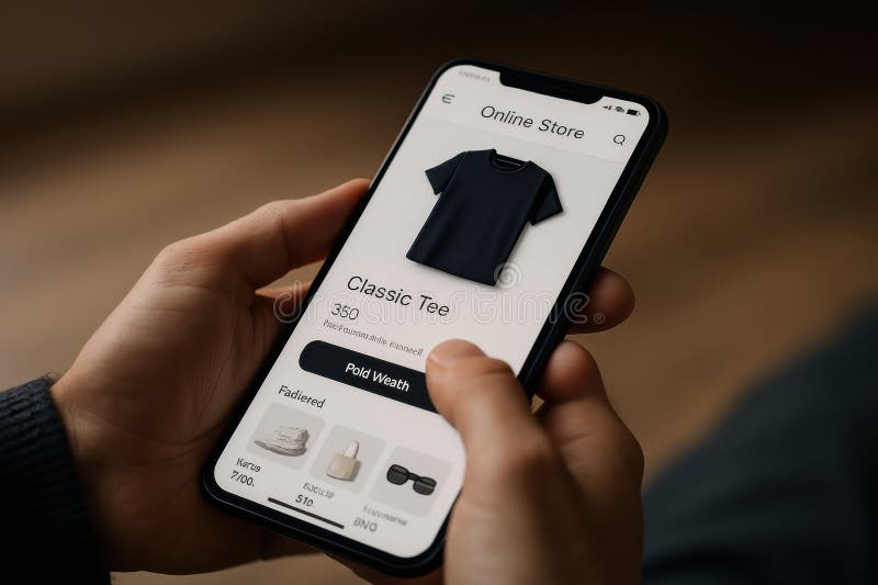 Shopping Online for a Classic Tee Using a Smartphone in a Cozy Indoor Setting stock photo