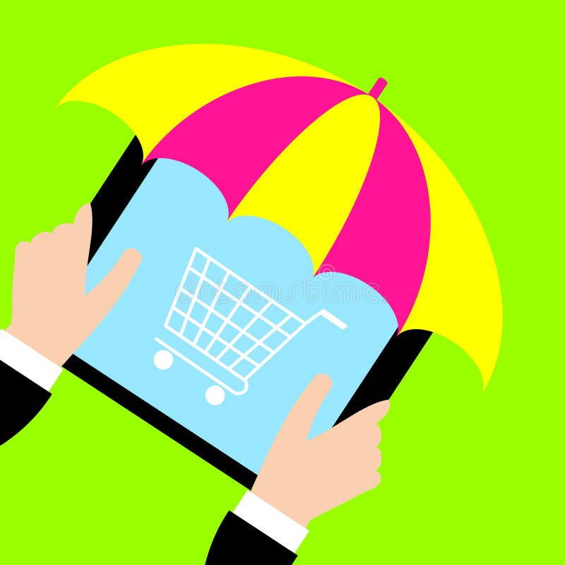Businessman holding tablet with umbrella and cart on screen. vector illustration Businessman holding tablet with umbrella and cart on screen. vector illustration