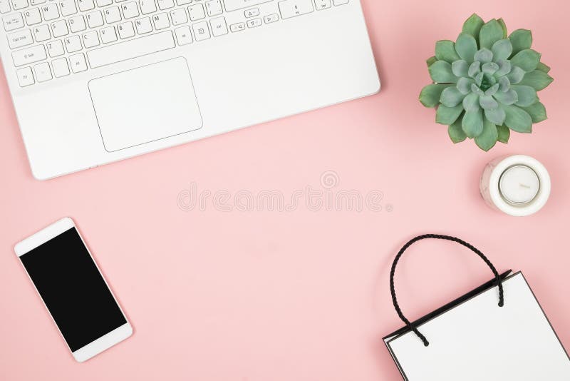 Shopping Online Concept. Womens Hands with Phone and Laptop on Pink  Background. Top View, Copy Space. Stock Photo - Image of sale, ebusiness:  170887492