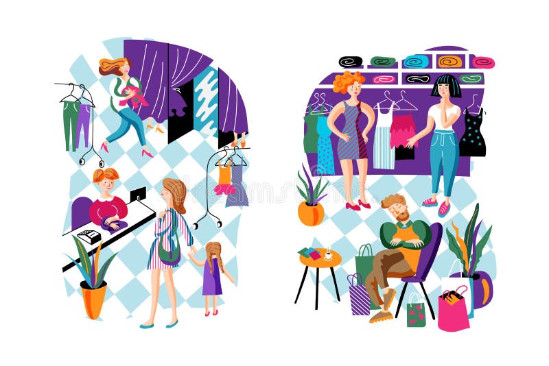 Shopping relax flat vector characters set stock illustration