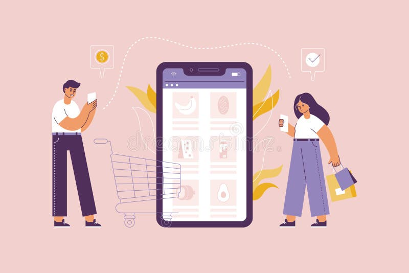 Shopping and Trading in Online Store Concept. Female Character Pays Grocery  Via Mobile Application Stock Vector - Illustration of shop, woman: 212973854