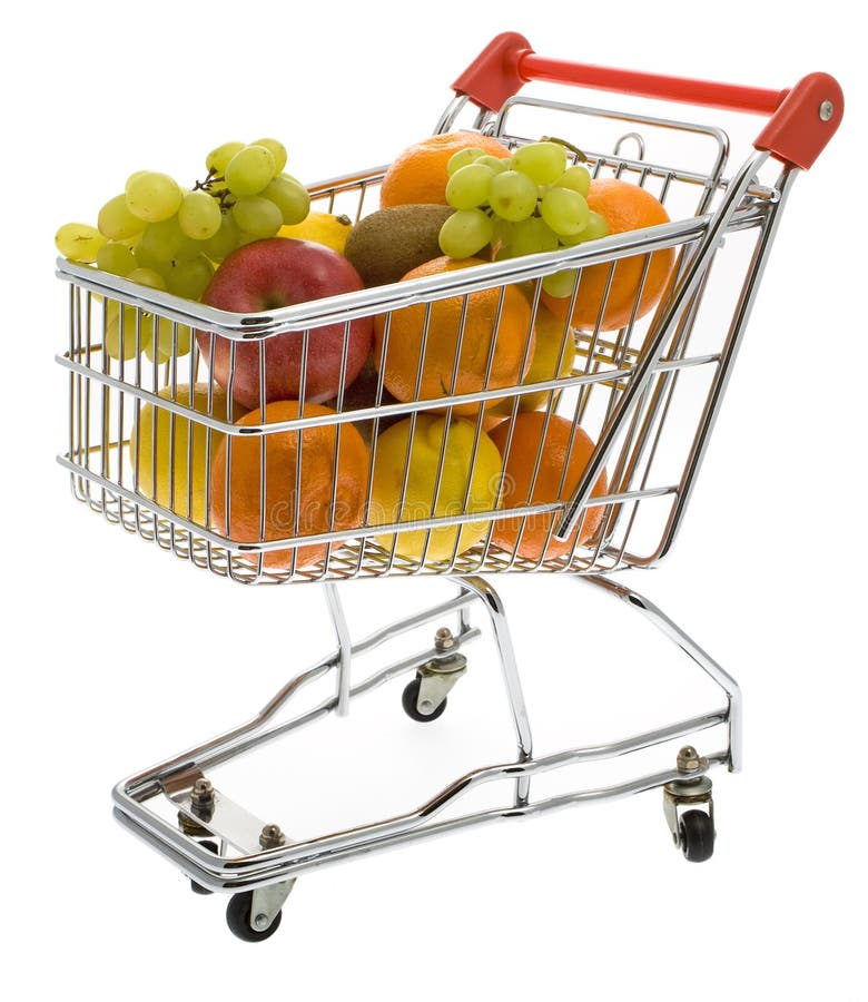 Shopping trolley with fruits, supermarket