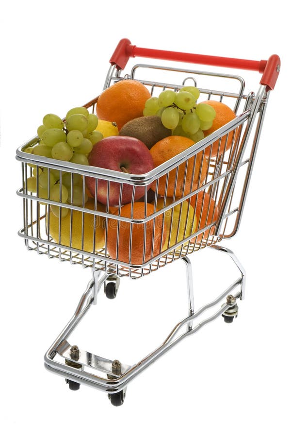 Shopping trolley with fruits, supermarket