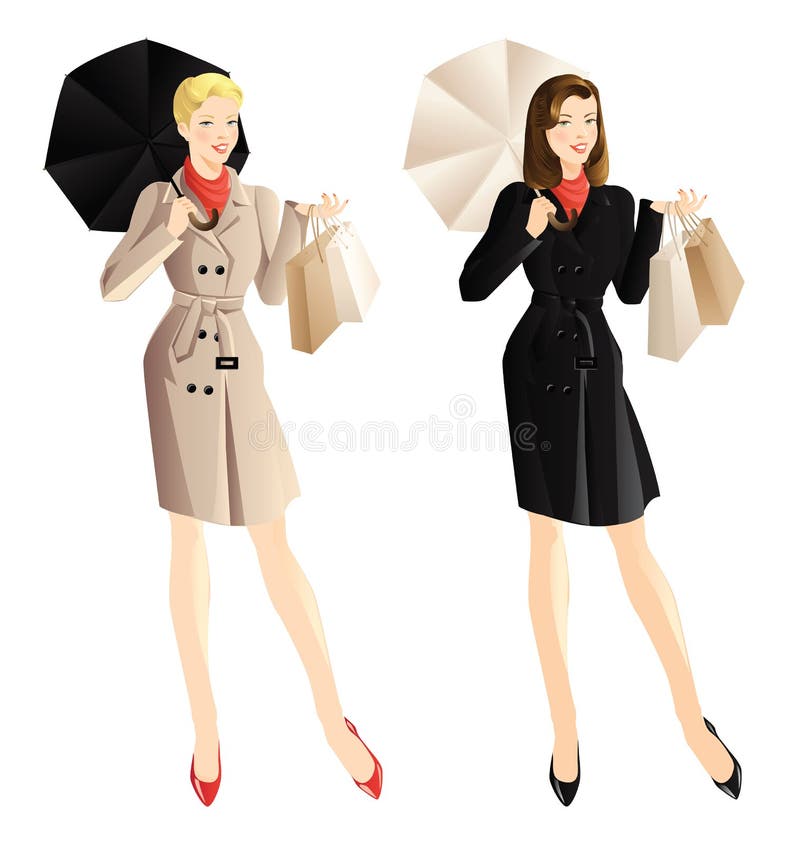 Shopping woman. Woman hold shopping bag in her hand. Smiling woman in trench-coat with umbrella