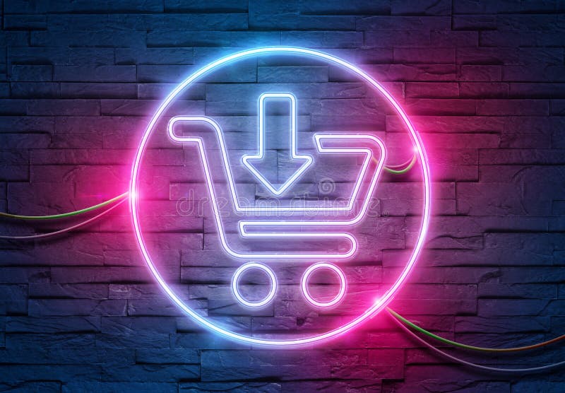 Shopping неон значок освещения в кирпичную стену с синим и розового светящиеся легким переводом 3d иллюстрация вектора