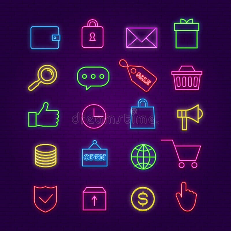 Shopping неоновые значки. Признаки торговли электронной коммерции яркие последствий glow. Вектор значка денежного ящика и продажи иллюстрация вектора
