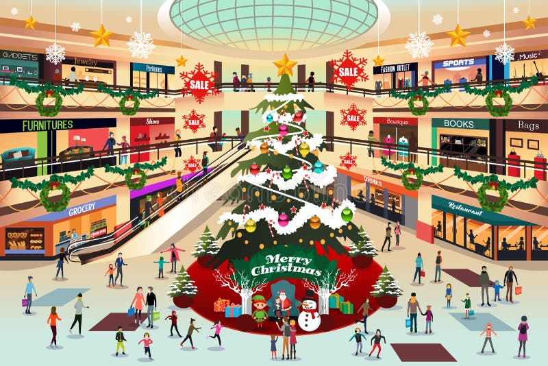 Shoppinggalleria under julillustration stock illustrationer Shoppinggalleria under julillustration stock illustrationer