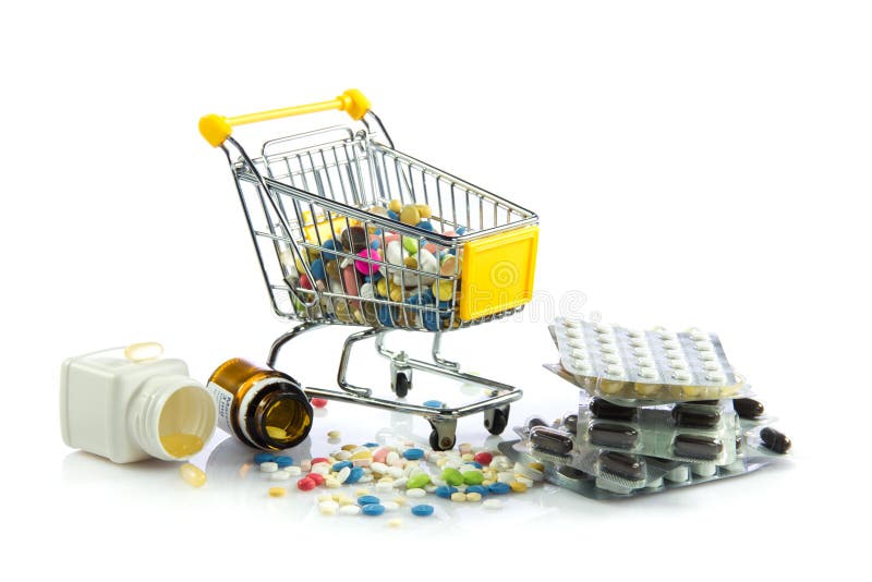 Shoppingspårvagnen med preventivpillerar som isoleras på vit bakgrund, förgiftar medicin royaltyfri fotografi Shoppingspårvagnen med preventivpillerar som isoleras på vit bakgrund, förgiftar medicin royaltyfri fotografi