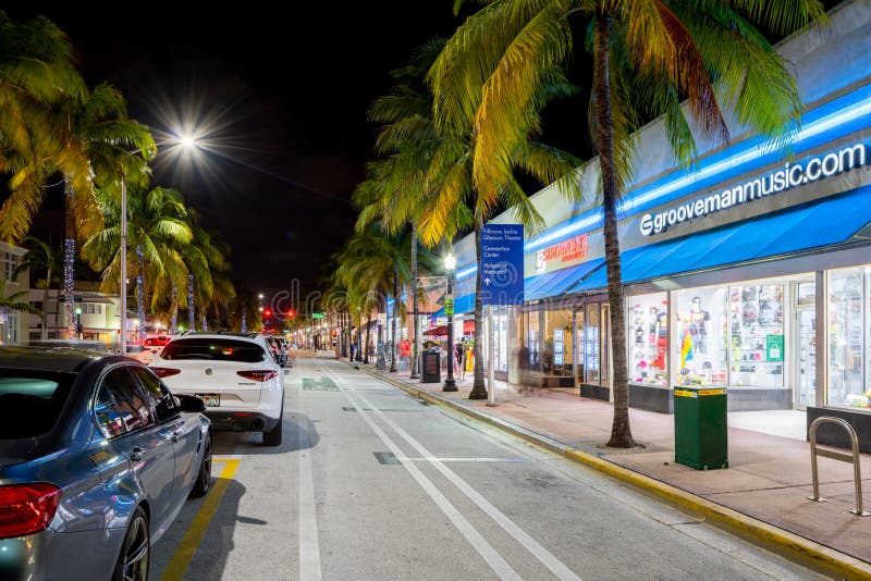 Shops at Night Miami Beach Washington Avenue Editorial Stock Image
