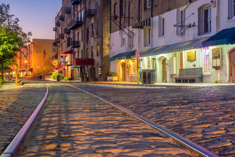 Shops and Restaurants at River Street in Downtown Savannah in Ge Stock