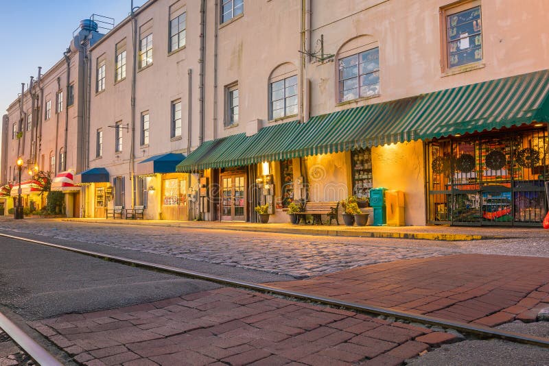 Shops and Restaurants at River Street in Downtown Savannah in Ge Stock