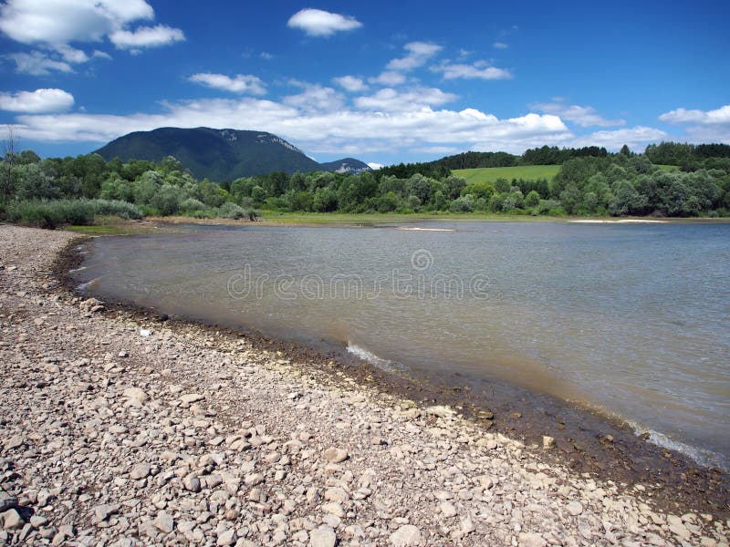 Shore of Liptovska Mara lake and Western Tatras. Forest and shore at Liptovska Mara lake during summer with The Western Tatra Mountains in background. Liptovska royalty free stock image Shore of Liptovska Mara lake and Western Tatras. Forest and shore at Liptovska Mara lake during summer with The Western Tatra Mountains in background. Liptovska royalty free stock image