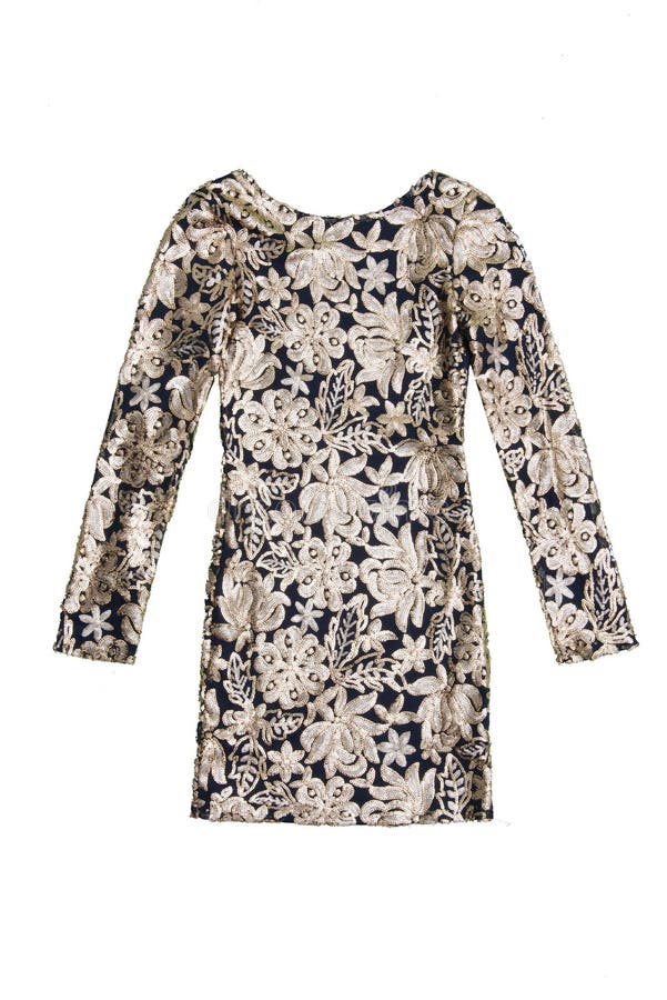 Short Navy Blue and Gold Sequin Dress with Floral Pattern Stock Image