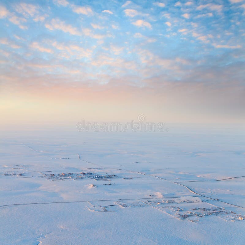 Short winter day in tundra, top view
