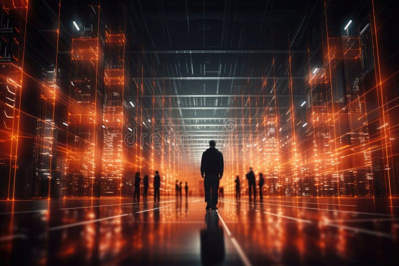 Shot of Man Walking Data Center, Database, Data Storage, Backup, Cyber ...