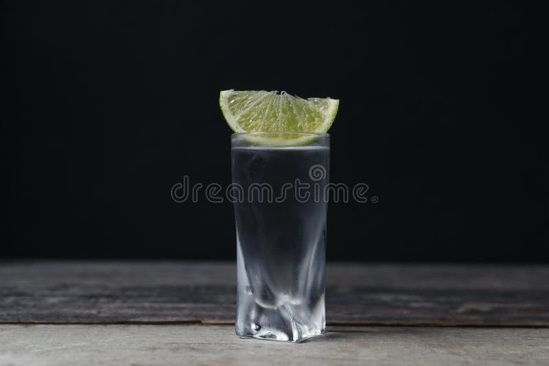 Shot of Vodka with Lime Slice on Wooden Table Stock Image Image of liquor, refreshment 264409085