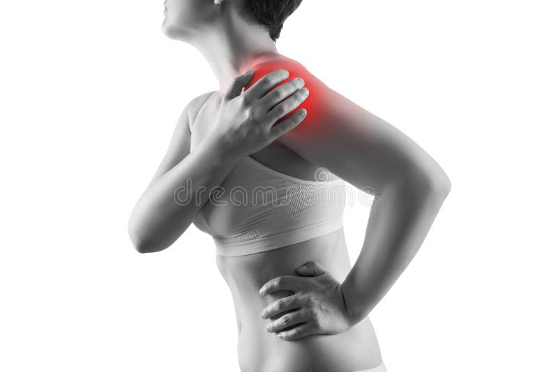 Shoulder pain, ache in a woman`s body, sports injury concept, isolated on white background, painful area highlighted in red