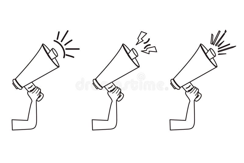 Shout line outline megaphone hand icon set stock illustration