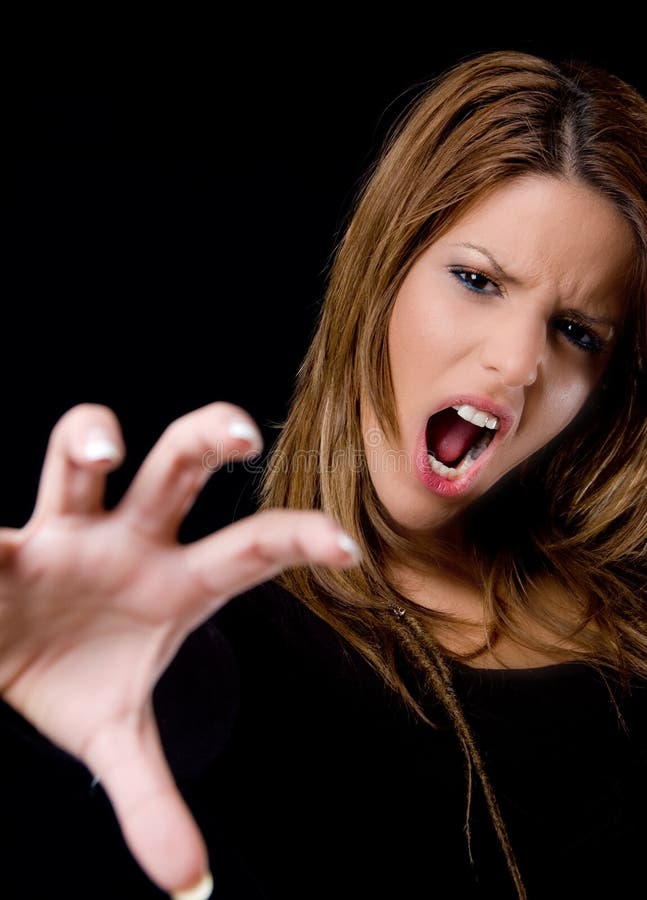 Shouting beautiful female showing hand gesture