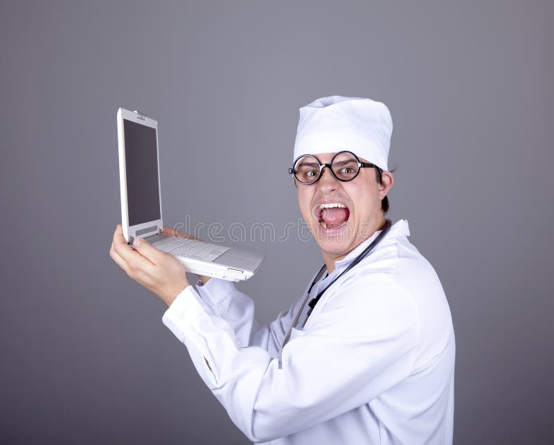 Shouting doctor with notebook.