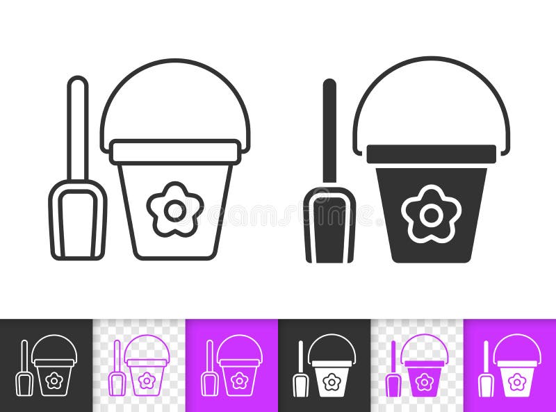 Shovel and bucket simple black line vector icon