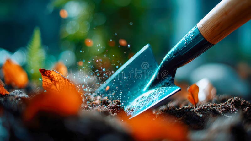 Shovel digging into soil surrounded by autumn leaves and water droplets. royalty free stock photography