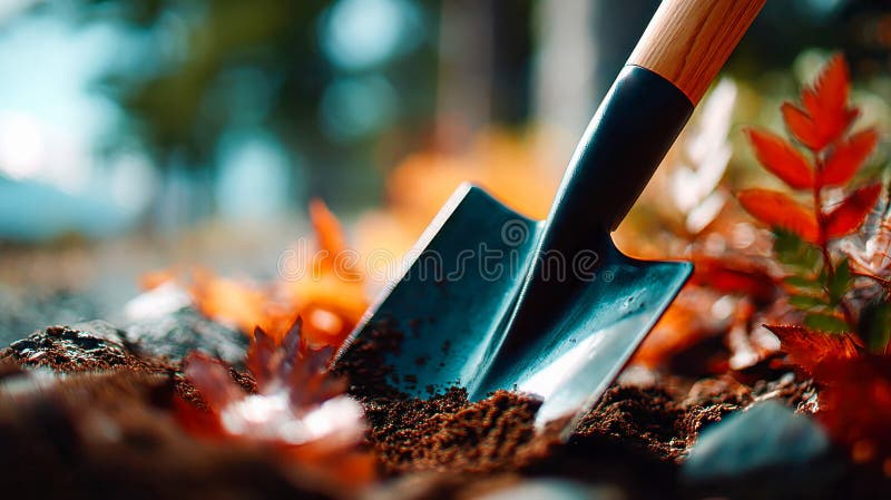 Shovel digging into soil surrounded by autumn leaves and water droplets. stock image