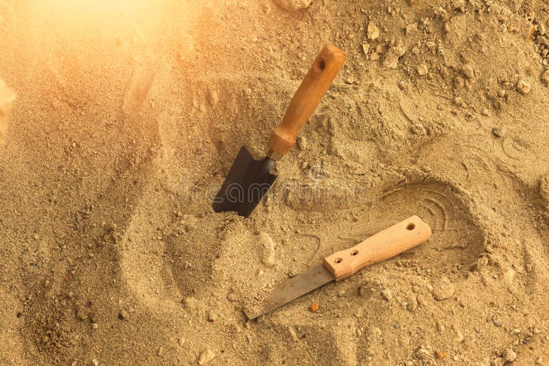 Shovel in the Sand.Skeleton and Archaeological Tools.Digging for