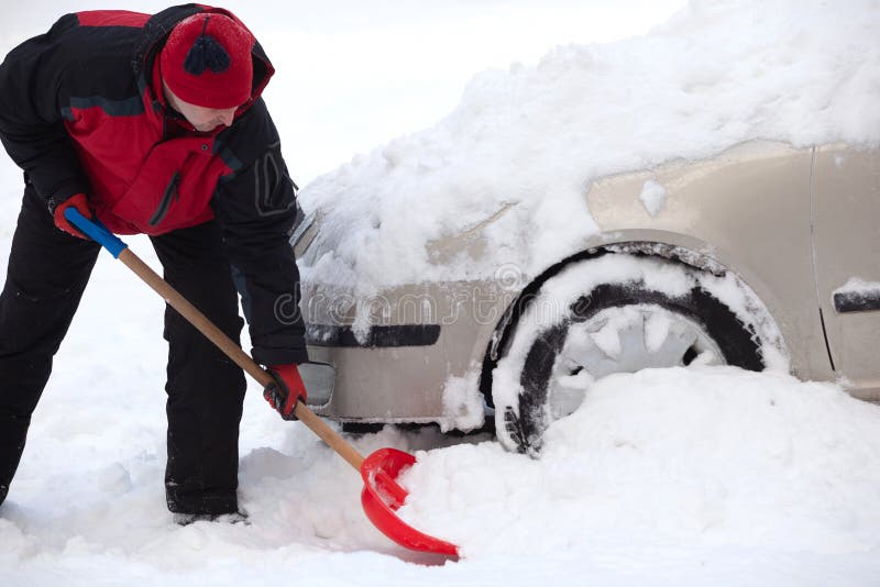 Shoveling Snow from Car, Man Shoveling Snow Stock Photo Image of