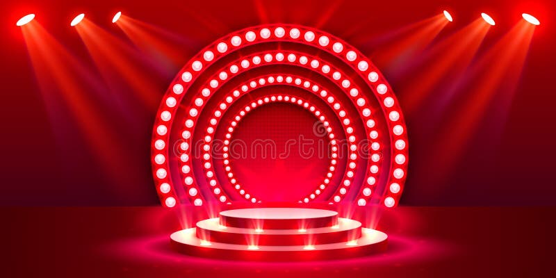 Show light Stage Podium Scene cu premiu pentru ceremonie pe fundal roșu. Vector stock illustration