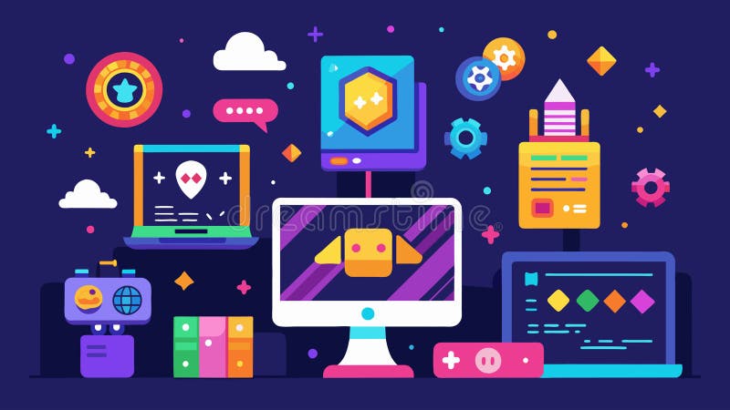 A showcase of colorful and engaging games each one designed and created by a young coder at a youth coding symposium royalty free illustration