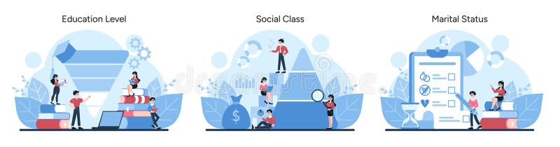 Showcases education, social class, and marital status as market categories stock illustration