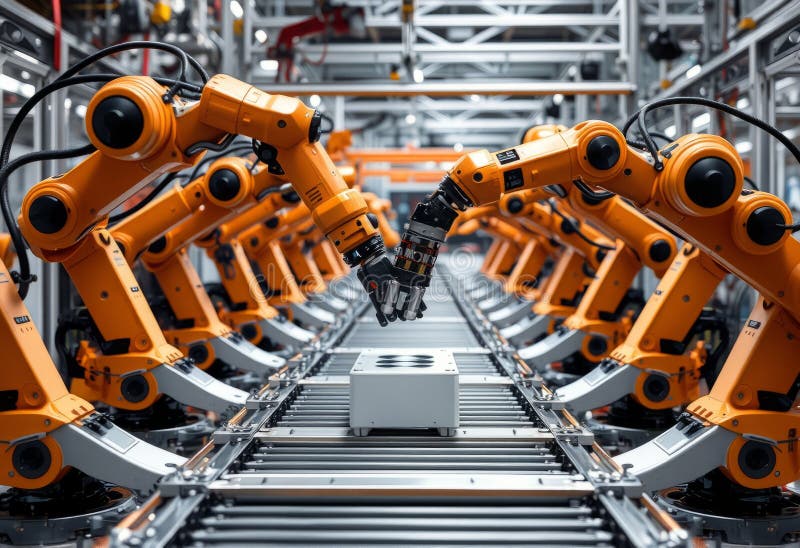 Robot arms on an assembly line collaborate to build a product royalty free illustration