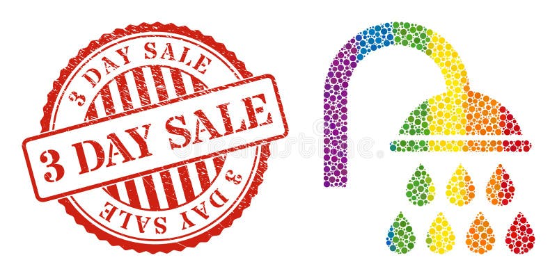 Distress 3 Day Sale Stamp Seal and Rainbow Shower Composition Icon of Spheric Dots