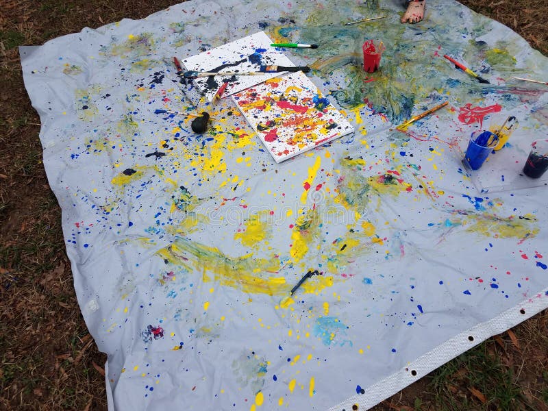 Shower Curtain with Paint Splatter Mess on Ground Stock Photo Image