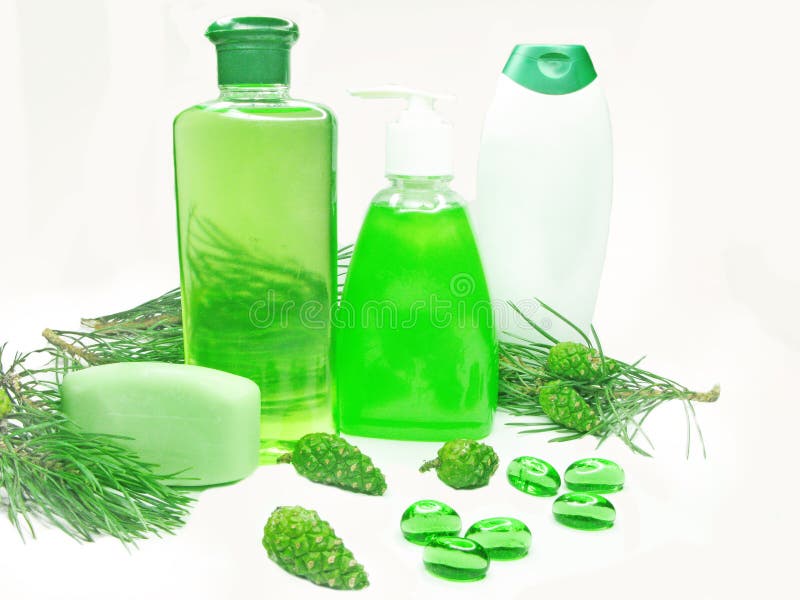 Shower gel bottles with fir extract