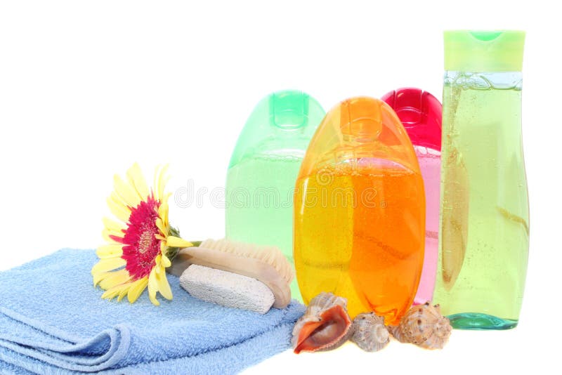 Shower gel, shampoo and towel, isolated.