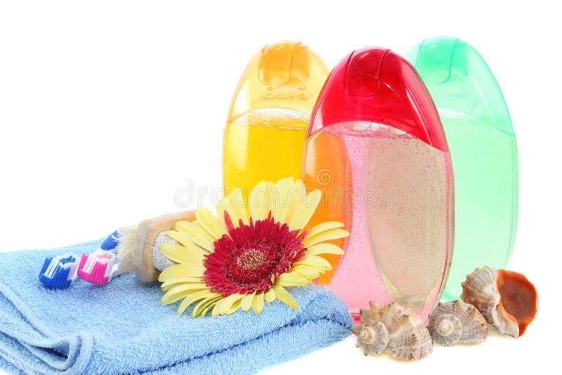 Shower gel and towel, isolated.