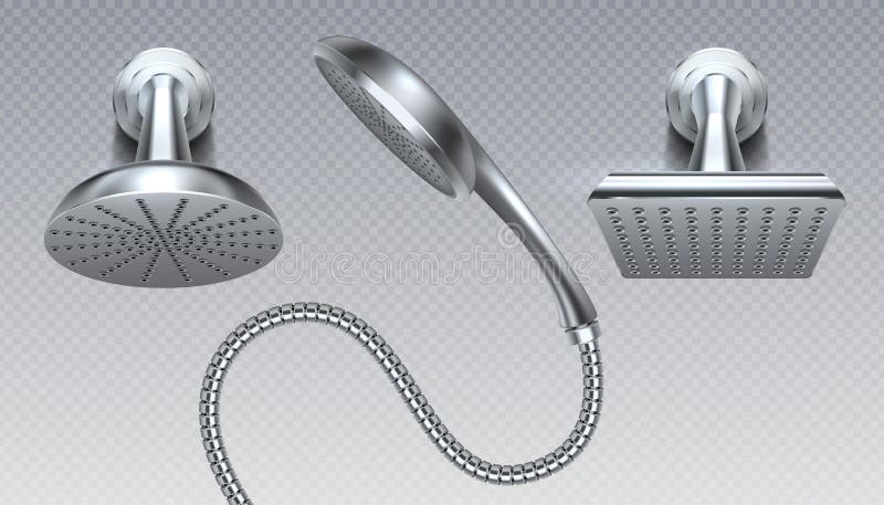 Shower metal heads. Realistic bathroom sprinkler on transparent background with water rain spray. Vector falling drops