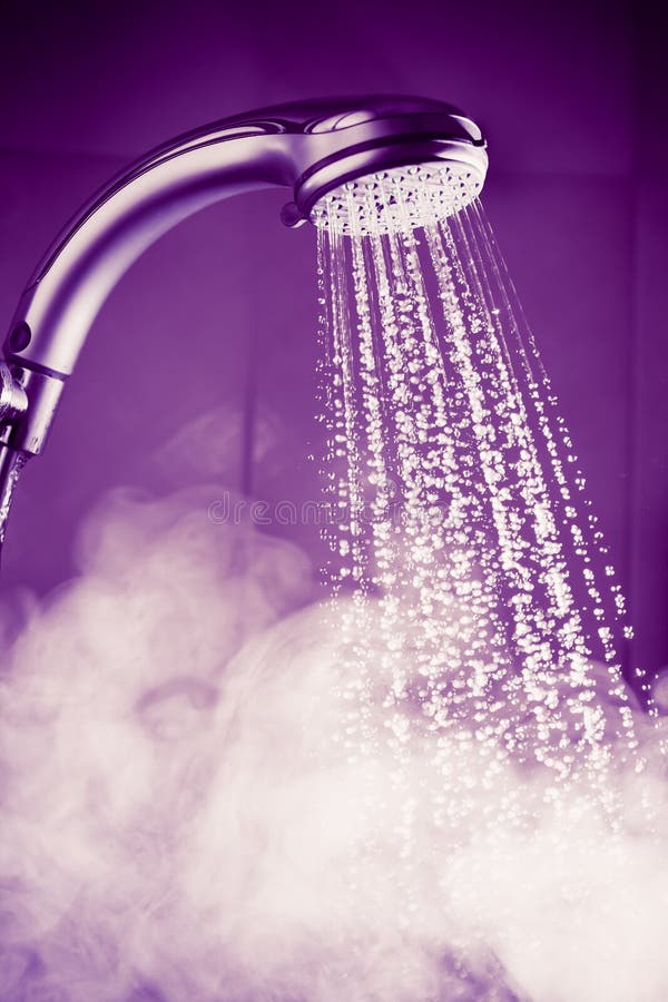 Shower with water and steam, purple tone. Warm steam stock images, royalty-free photos and pictures