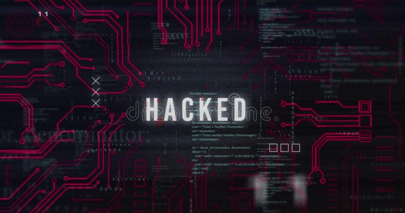 Showing glowing white HACKED text over black interface, with red circuit traces and binary code stock illustration